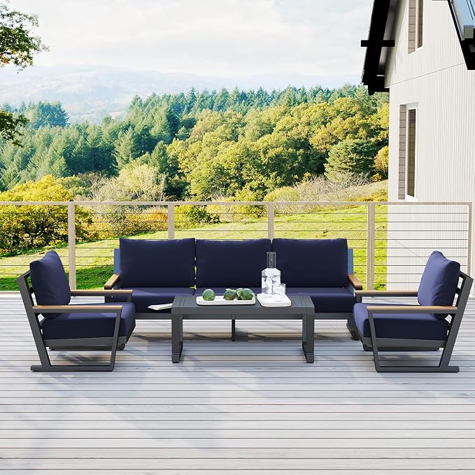 Aug-guan Aluminum Outdoor Sofa,5 Seats Modern Patio Furniture Set,Sectional Sofa Conversation Set with Coffee Table, Upgraded Washable Cushions for Garden Backyard,Blue