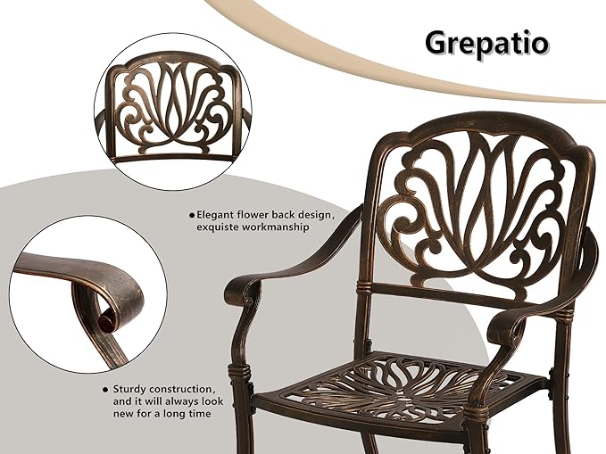 Grepatio 5 Piece Outdoor Dining Set Cast Aluminum Patio Dining Set Outside Furniture 4 Chairs and 1 Umbrella Table for Lawn Garden Patio (Round Table and Chairs)