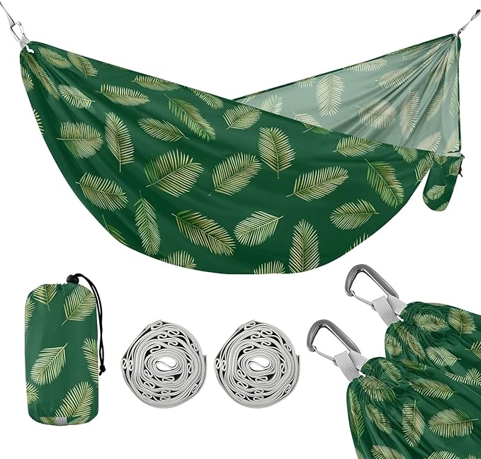Camping Hammock Outdoor Hammocks for Outside Green Palm Leaves Beach Trees Portable Lightweight with Pockets Tree Straps Indoor