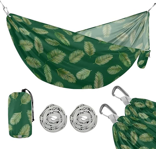 Camping Hammock Outdoor Hammocks for Outside Green Palm Leaves Beach Trees Portable Lightweight with Pockets Tree Straps Indoor