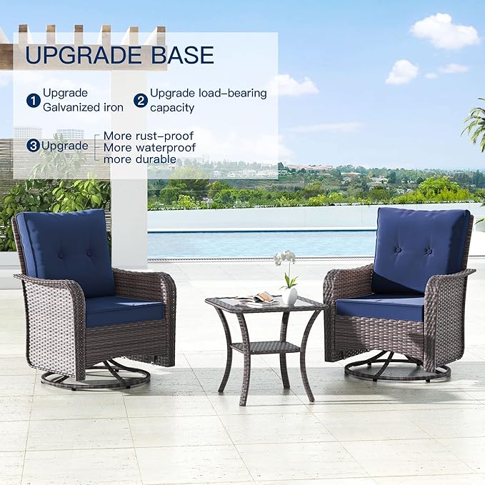 Kullavik 3 Pieces Patio Furniture Set,Outdoor Swivel Glider Rocking Chairs Set,Front Porch Furniture Patio Conversation Sets with Side Table for Balcony Deck Backyard,Navy Blue