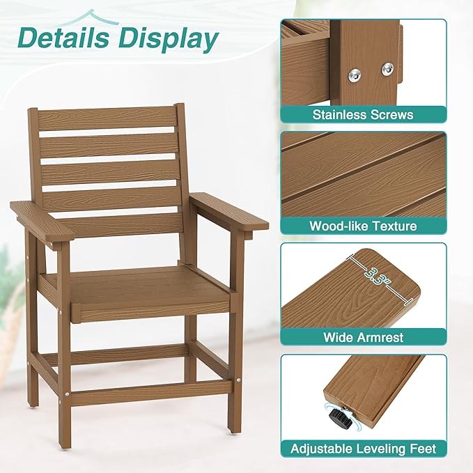 Patio Dining Chairs Set of 2, HDPS Weather Resistant Outdoor Chairs with Armrest, Heavy Duty 300LBS Support Patio Chairs for Backyard Deck Porch Balcony, Brown