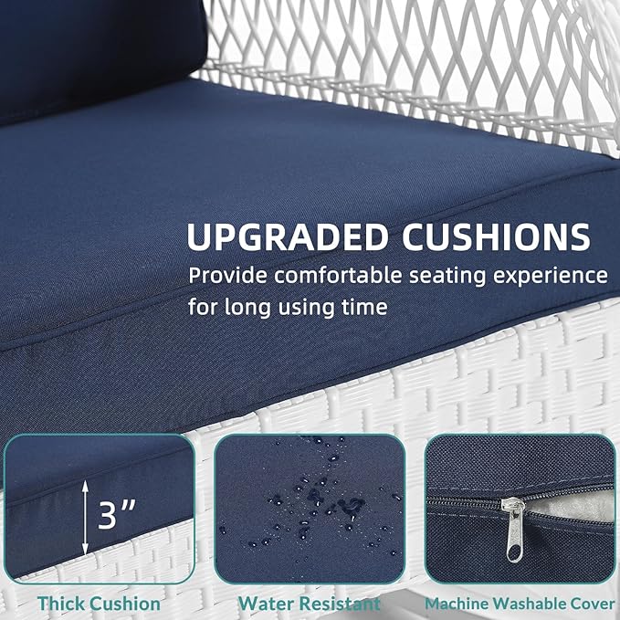 MEETWARM 4 Pieces Outdoor Wicker Patio Conversation Sets with Glider Loveseat, 2 Chairs with Coffee Table Wicker Rocking Glider Set, Rattan Conversation Set with Thickened Cushions, White/Navy