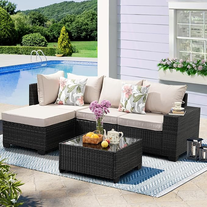 5 Pieces Patio Furniture Set, Wicker Outdoor Sectional Sofa with Cushion & Coffee Table, Wider Armrest Patio Conversation Sofa for Party, Garden, Sunroom, Beige