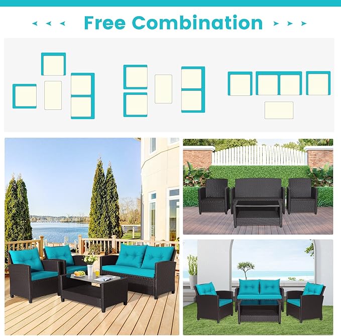 HAPPYGRILL 4 Pieces Patio Furniture Set Outdoor PE Rattan Conversation Set with 2-Tier Coffee Table, Extra Storage Shelf and Cushions, Patio PE Wicker Sofa Set for Garden Backyard Poolside