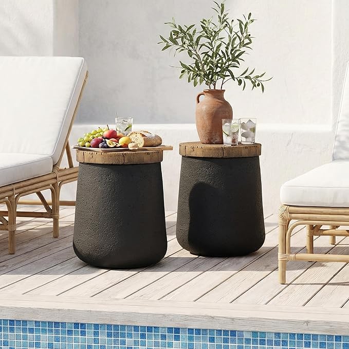HOMPUS Concrete Outdoor Side Table Sets of 2, 2 Pieces Cylinder Shaped Round Coffee Table, Plant Stand Outdoor Accent Table Modern Patio End Table Sets for Garden, Paito, Living Room