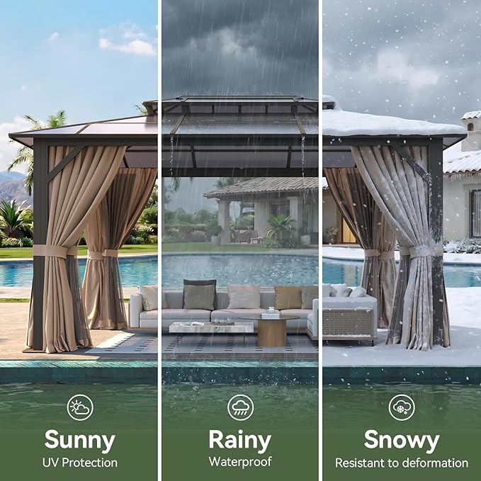12’x16’ Hardtop Gazebo with Double Polycarbonate Roof Outdoor Metal Gazebo Sturdy Aluminum Frame & Removable Curtains, Netting Permanent Pavilion Pergola for Garden,Patio,Lawn(Brown)
