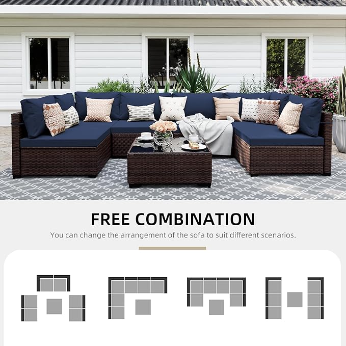 UPHA 7 Pieces Patio Furniture Sets, Wicker Outdoor Sectional Sofa Couch with Coffee Table, Patio Conversation Set for Deck Backyard Garden, Brown Rattan, Navy Blue Cushion