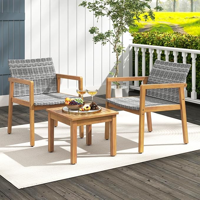 Tangkula 3 Pieces Outdoor Furniture Set, Acacia Wood Frame Sofa Set w/Rattan Seat & Back, Patio Conversation Set w/Coffee Table for Balcony, Poolside, Backyard (Mix Gray)