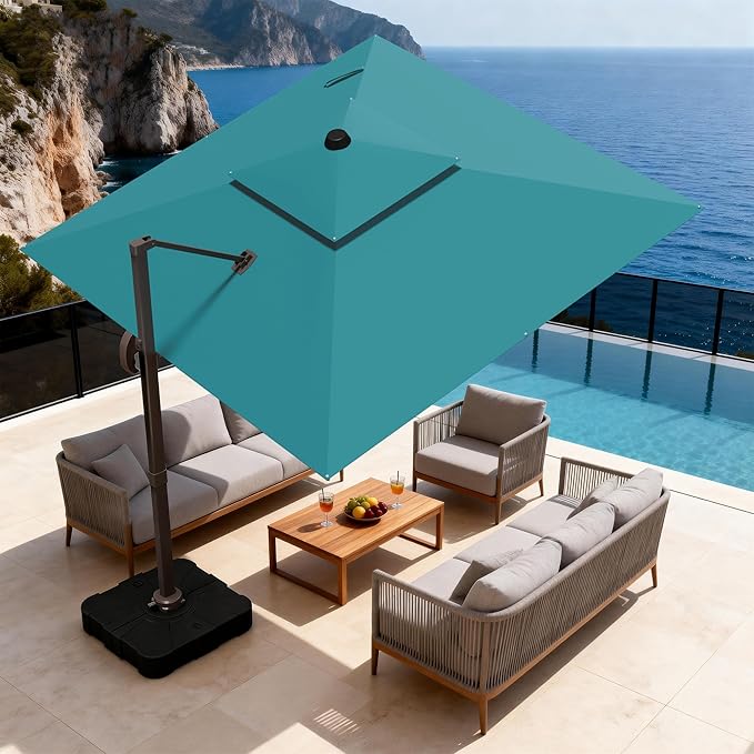 10x10Ft Patio Umbrella Outdoor Cantilever Rectangle Umbrella, 6-Level Tilt & 360° Rotation Offset Umbrella for Garden, Deck, Pool(Turquoise)