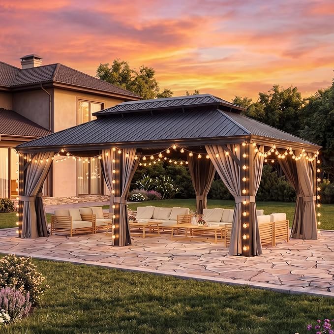 Aoxun 12' X 20' Hardtop Gazebo, Aluminum Outdoor Gazebo with Drainage System, Permanent Metal Pavilion with Privacy Curtain and Netting, for Poolside, Backyard