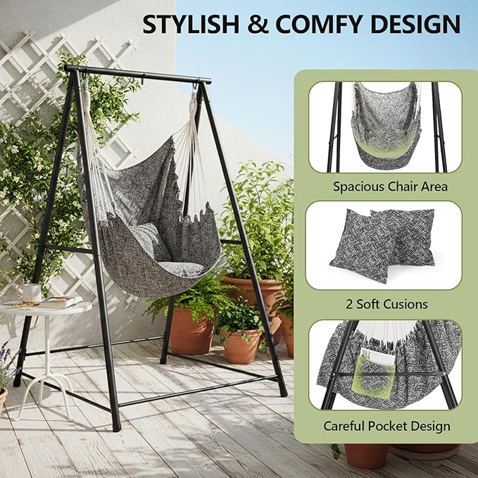 Hammock Chair Stand with Swing Chair, Heavy Duty Freestanding Hanging Chairs with Stand, Outdoor Hammocks Bed for Outside Backyard, Camping, Garden, Yard, Patio, 660 lbs Weight Capacity (Black)