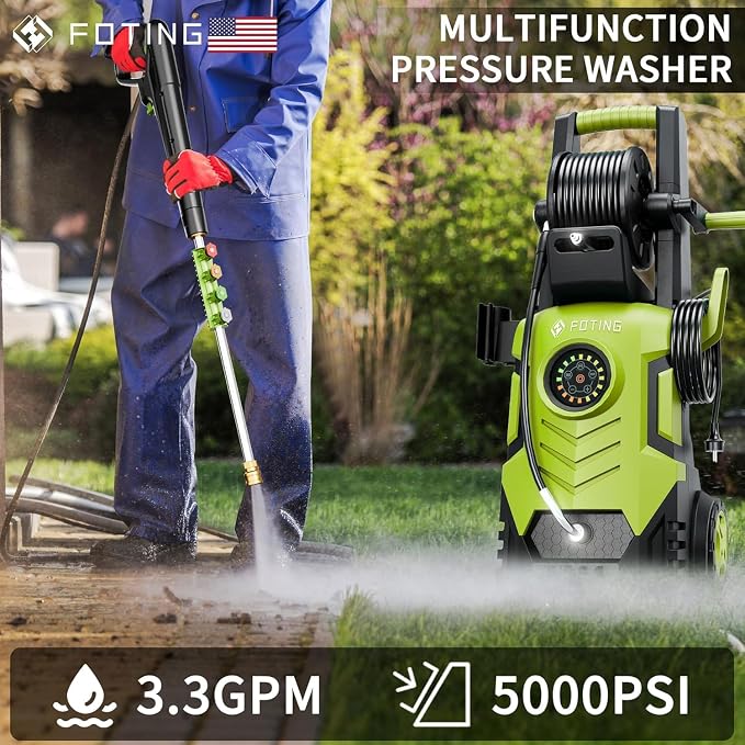 2026Upgraded Pressure Washer 5000PSI with Adjustable Touch Screen 8 Level, 34" Tall, 4 Quick Connect Nozzles,Inlet Hose&Filter&500mlFoam Cannon for Cars/Fences/Driveways/Home Cleaning,Green