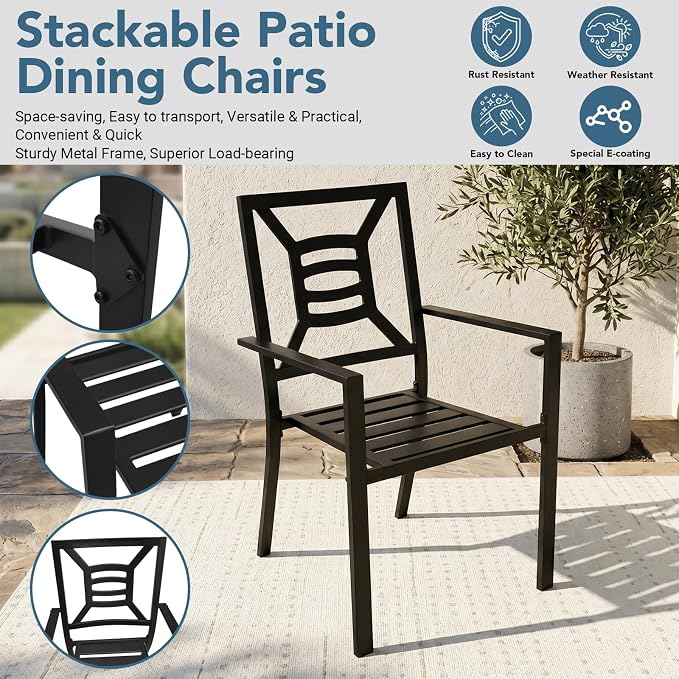 Patio Dining Chairs Set of 2, Stackable Metal Patio Chairs with High Back for Deck Bistro Porch Lawn, Black Wrought Iron Outdoor Dining Chairs