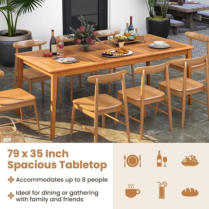 HAPPYGRILL Outdoor Acacia Wood Dining Table for 8 People, 79” x 35” Rectangular Patio Bistro Table with Built-in Umbrella Hole, Wooden Picnic Table for Porch, Garden, Backyard, Natural