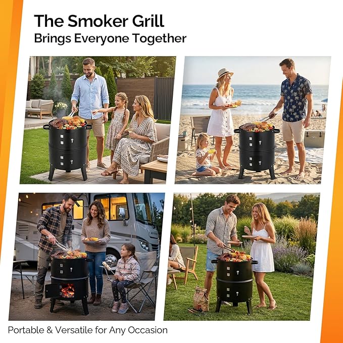 VINGLI Upgraded 18 Inch Vertical Charcoal Smoker, Multi-Layer Round Grill with Thermometer & Chimney, Heavy Duty Outdoor BBQ Smoker for Patio Parties, Backyard Cooking