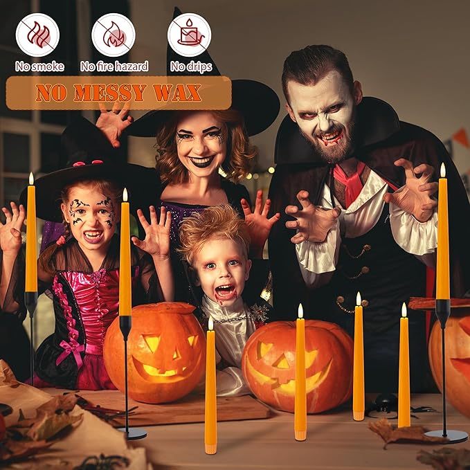 Orange Flameless Taper Candles, 9.6" Halloween Battery Operated Candles with Remote, Real Wax Fall Led Candle, Flickering Flameless Candlesticks for Fall, Thanksgiving, Harvest, Halloween Decor, 3 Pcs