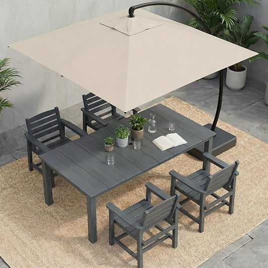 HDPE Outdoor Dining Set for 4, 5-Piece Outdoor Dining Table Set with 11FT Cantilever Umbrella, Patio Table and Chairs Set with Aluminum Frame & Legs (Gray)