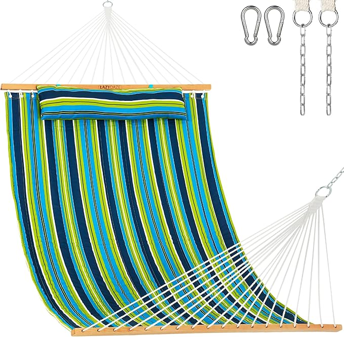 Lazy Daze Hammocks 12 FT Quilted Fabric Double Hammock with Spreader Bars and Detachable Pillow, 450lbs Weight Capacity, Blue Green Stripes