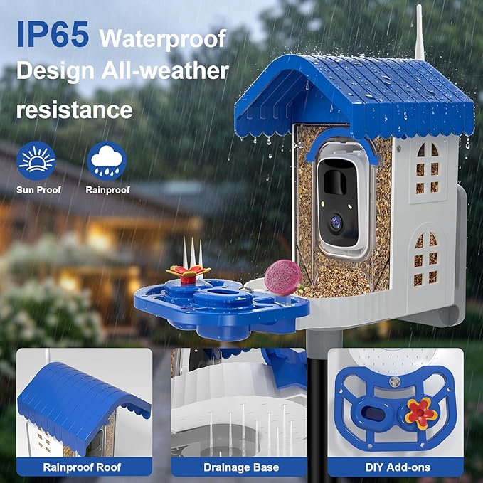 NEEZUKAR Bird Feeder with Camera Solar Powered, Smart Bird Feeder with AI Species Identification, 2K HD Video Birdwatching, Weatherproof Design for Outdoor, Ideal Gift for Bird Lovers(Blue)