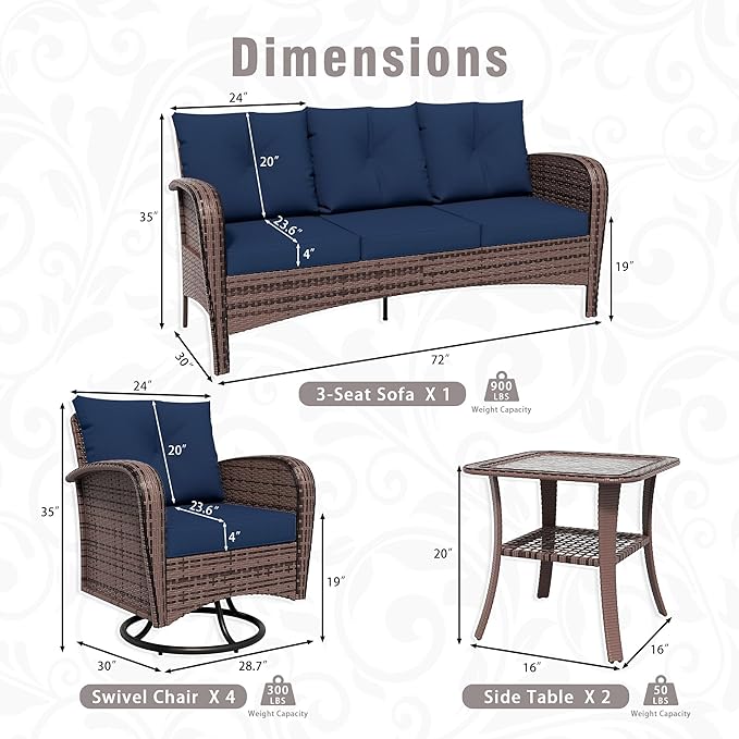 7 Piece Patio Conversation Set – 2 Swivel Rocking Chairs, 2 Coffee Tables & 3-Seater Sofa | PE Wicker Patio Sectional | Heavy-Duty Steel Frame & Weatherproof Cushions, Blue