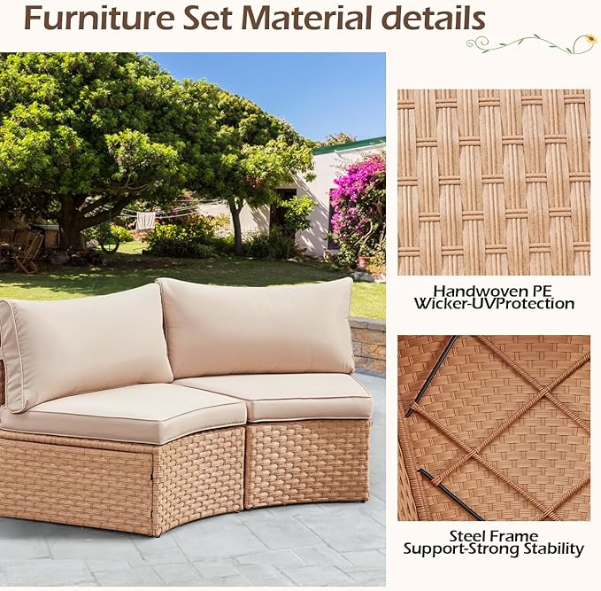 ECOTOUGE Patio Conversation Set, 2 Piece Half-Moon Sectional Round Patio Furniture Set, Wicker Sofa for Pool Backyard Patio Garden(Khaki)