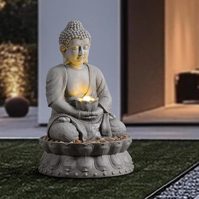 Buddha Water Fountain Outdoor, Zen Fountain with LED Light for Garden, Home Decor, Relaxing Buddha Statue with Lotus Base, for Women