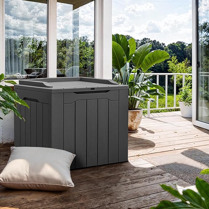 GUNJI 30 Gallon Small Deck Box Outdoor Waterproof Resin Storage Box Lockable Storage Container Outside Package Delivery Box (Gray)