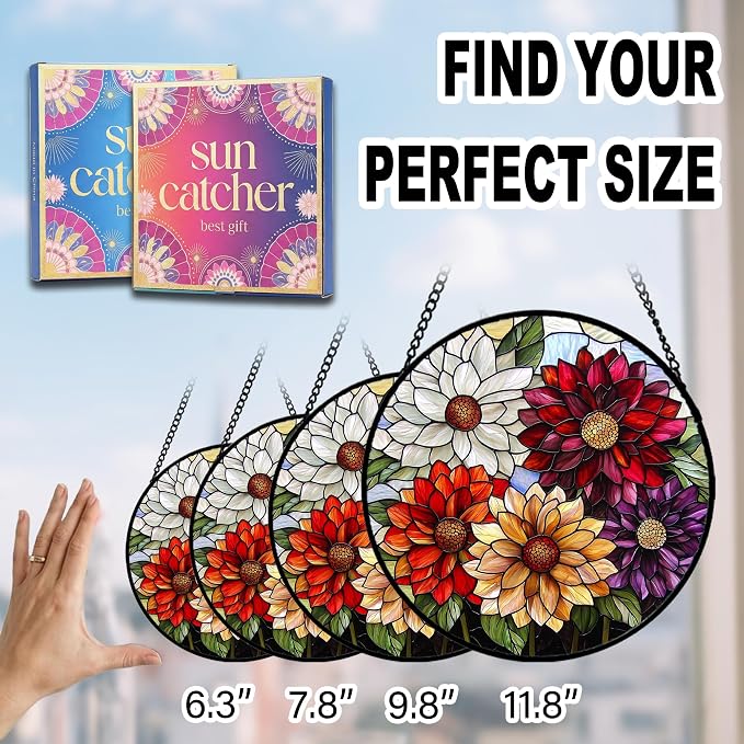 Birthday Gifts for Women - Colorful Flowers Faux Stained Glass Window Hanging Sun Catcher for Door Garden Acrylic Decor Mother's Day Christmas for Mom Nana Grandma Sisters Wife 9.8"