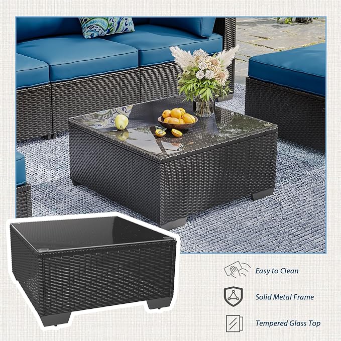 AECOJOY 7 Piece Outdoor Patio Furniture Set, Outdoor Sectional Conversation Furniture Chair with Coffee Table, Patio Sectional for Backyard, Garden(Peacock Blue Cushion and Black Ratta, with Cover)