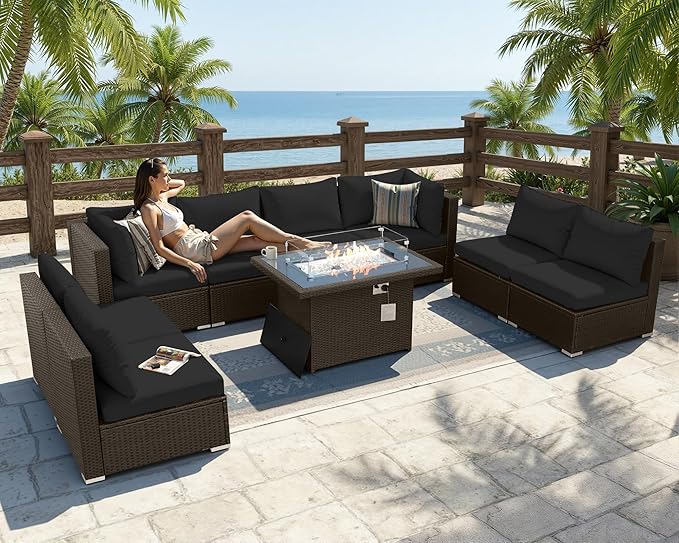 BULEXYARD 9 Piece High Back Outdoor Sectional Couch Set with Fire Pit, Elegant All-Weather Patio Furniture Set, Extra Large Size 8-Person Backyard Seating Group L-Shaped for Yard, Deck, Brown & Black