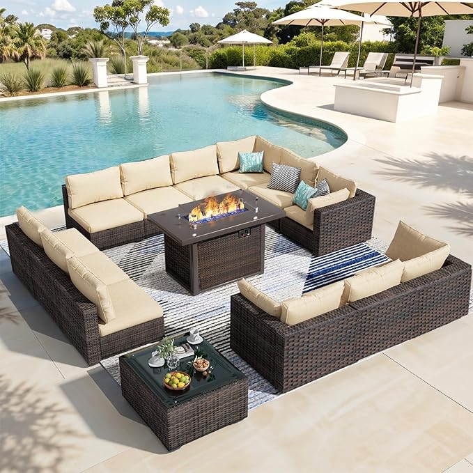 Patio Furniture Set 14 Pieces with 44" Fire Pit Table, Rattan Outdoor Sectional Conversation Sets, All Weather Outdoor Furniture Set with Cushions for Garden Lawn Balcony Porch Deck Beige