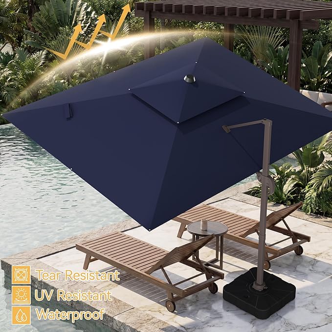 HASLE OUTFITTERS 10x13 FT Patio Cantilever Umbrella with Base, Outdoor Large Offset Rectangular Double Top Heavy Duty Umbrellas with 360° Rotation for Pool Garden Deck，Navy