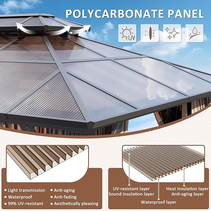 AirWire 10'x12' Hardtop Gazebo, Outdoor Polycarbonate Roof Canopy, Aluminum Frame Permanent Pavilion with Curtains and Netting, Sunshade for Garden, Patio, Lawns