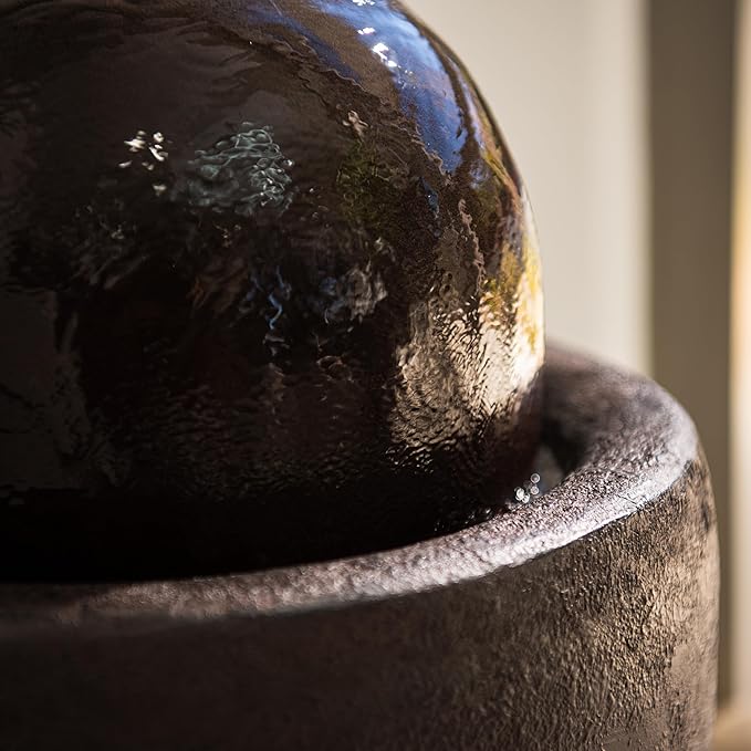 XBrand 26" Modern Sphere Water Fountain with LED Light – Indoor Outdoor Stone Texture Floor Fountain, Zen Bubbling Ball Water Feature for Garden Patio Porch - Brown