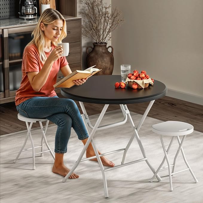 Magshion 31" Round Folding Table Balck Foldable Plastic Card Outdoor Utility Tables for Picnic Party Dining