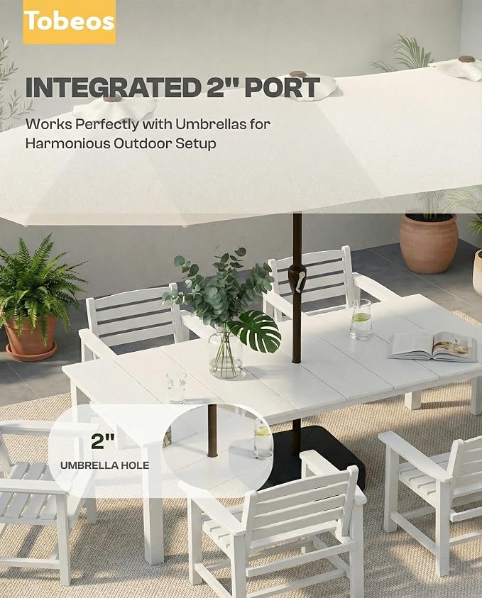 9-Pc Outdoor Dining Set, 10x10FT Cantilever Umbrella for 8,White | HDPE table, chairs included, aluminum frame, weather-resistant furniture, perfect for yard, lawn, garden, deck