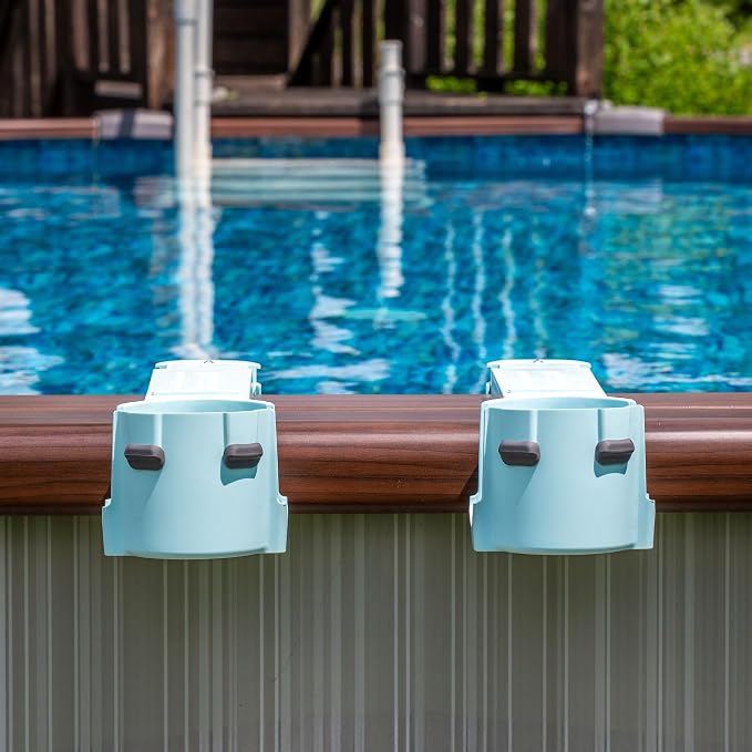 2-Pack Poolside Cup Holders for Square-Top Above Ground Pools, Adjustable Fit for Wide Edges, Non-Slip Silicone Grips, Fits Tumblers & Drink Bottles, Use on Deck, Boat & Patio, Aqua