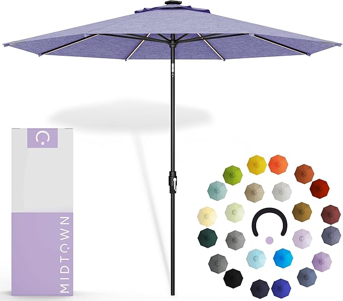 Midtown Umbrellas The LED Swilt 8 Feet Patio Umbrella With Terylast Purple Texture Polyester Fabric - Auto-Tilt Aluminum Frame With LED Lights For Backyard, Deck, Garden, Pool - Black Pole