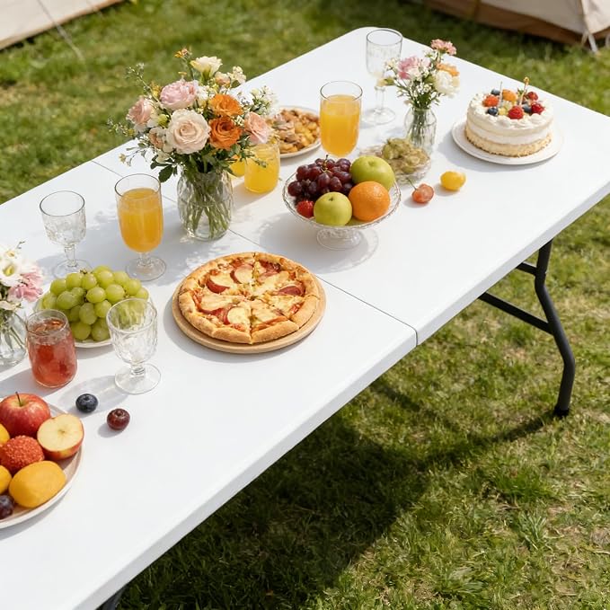 ZenStyle Indoor Outdoor 8ft Heavy Duty Folding Table - Portable Plastic Top w/Steel Legs & Handle for Camping, Picnics, Dining, Parties (White)