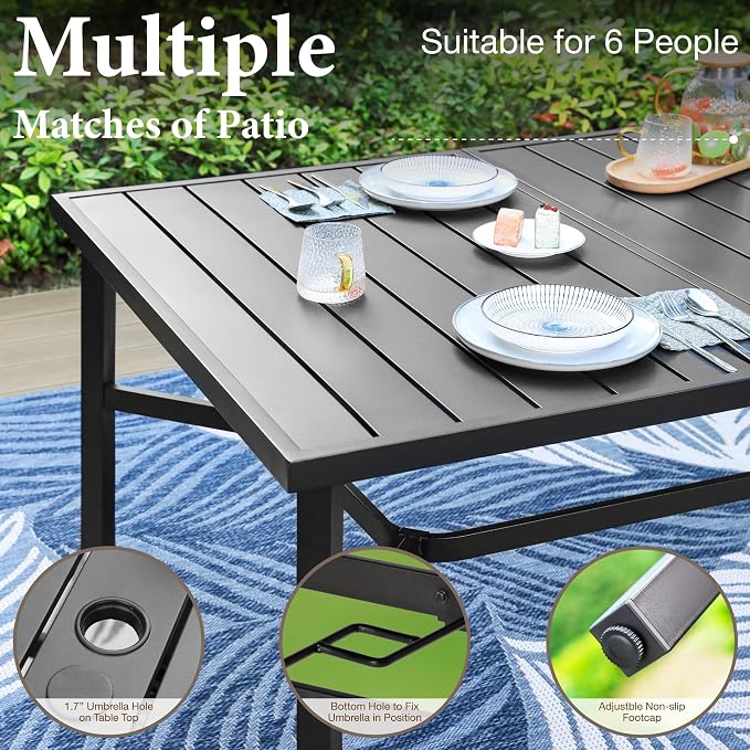 MFSTUDIO 9 Pieces Outdoor Patio Dining Furniture Set with 8 Wicker Chairs, Patio Large Rectangle Metal Table Set for 8 with 1.7'' Umbrella Hole, Outdoor Table and Rttan Chairs Dining Set