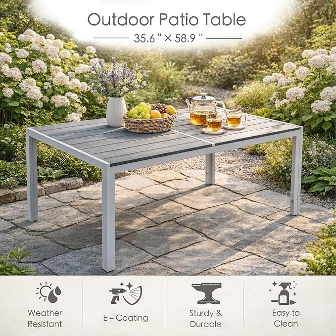 Kozyard Coolmen Outdoor Patio Indoor Dining Table Rectangle 58.9" L × 35.6" W Land Wood Like Laminate Tabletop for 6 People Porch Balcony Garden Gray