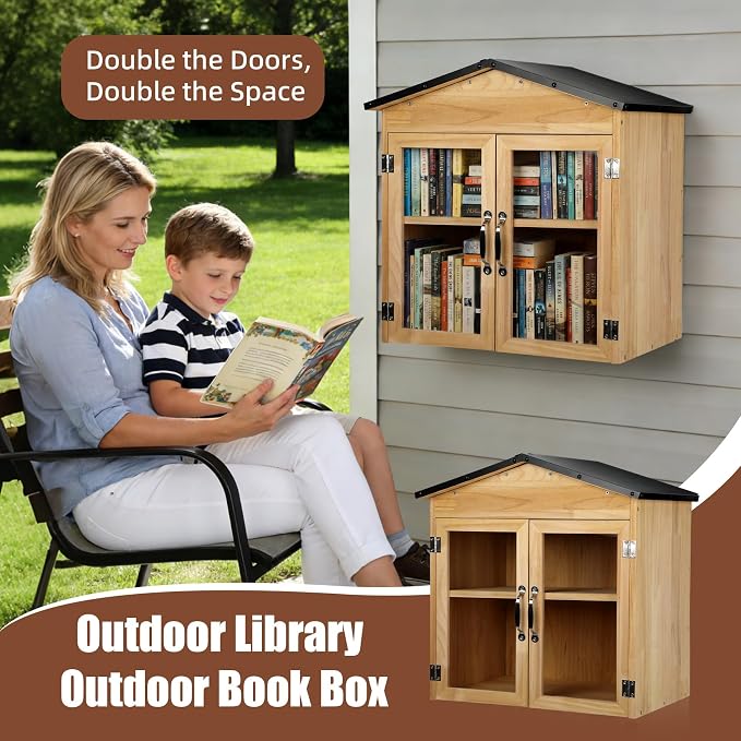 Outdoor Little Free Library Box, Weather-Resistant Wooden Blessing Box with Metal Roof & Adjustable Shelf, Easy-to-Assemble Lending Library for Books, Food Pantry for Neighborhood Community