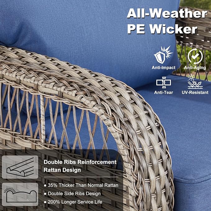 8 PCS Patio Furniture Set Outdoor Sectional Sofa Couch with Rocking Swivel Chairs 5" Deep Seat Chairs, Modern Wicker Rattan Conversation Set, Blue/Gray Wicker