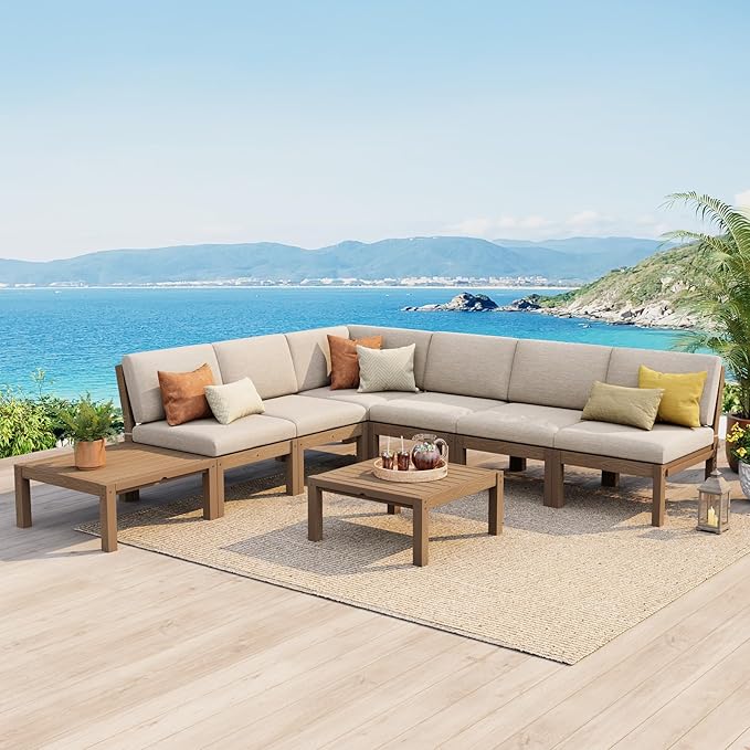 Stoog Modular Patio Furniture Set, 8-Piece All-Weather Convertible L-Shape Outdoor Sectional - Waterproof HIPS Frame with Quick-Dry Olefin Cushions, Teak