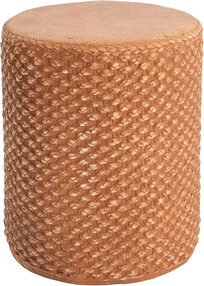 Christopher Knight Home Nataly 17.25" H Small Outdoor Side Table, Cylinder Shaped Carved Garden Stool, Lightweight Concrete End Table, Patio Decorative Home Stool for Balcony Poolside Backyard, Brown