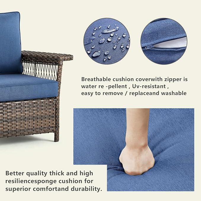 Outdoor Wicker Patio Furniture Set - 5 Piece Rattan Patio Conversation Sets with 2 Rocking Swivel Chairs,2 Ottomans and 1 Sofa for Porch Deck Garden(Brown/Blue)