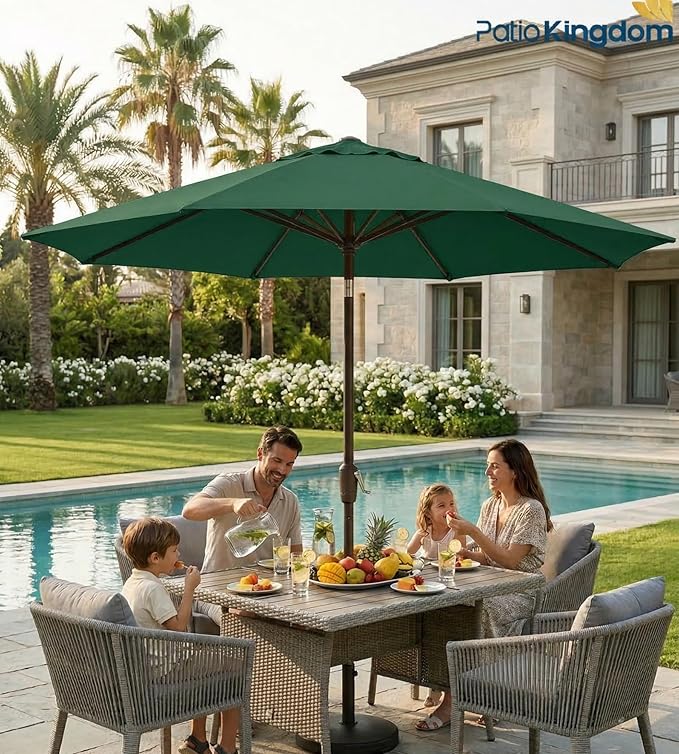 PatioKingdom 9FT Patio Outdoor Umbrella-UPF 50+ Sun Shade with Wind Vent, Push-Button Tilt & Smooth Crank Lift, Rust-Resistant Fiberglass Frame for Garden, Backyard,Yard (Dark Green)