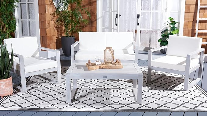 SAFAVIEH Outdoor Collection Emiko Grey/Beige Cushion Solid Wood 4-Piece Conversation Patio Set