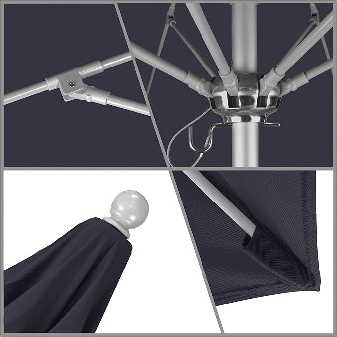 California Umbrella 9' Round Aluminum/Fiberglass Umbrella, Push Open, Silver Pole, Sunbrella Navy Fabric